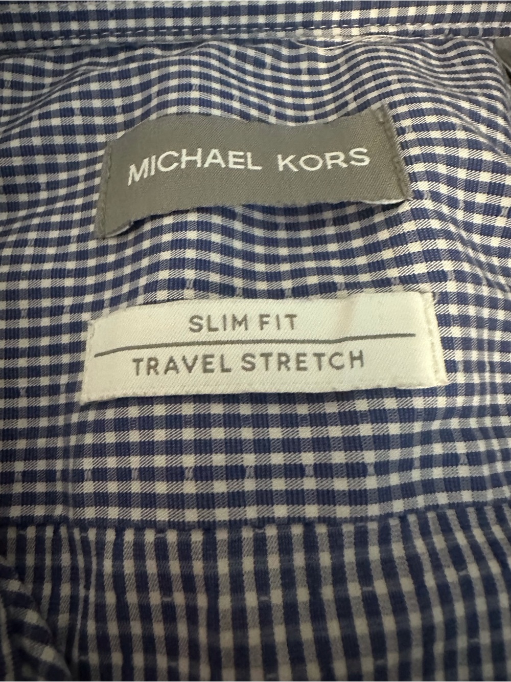 Michael Kors Slim Fit Travel Stretch Navy Gingham Check Long Sleeve Shirt 15 1/2